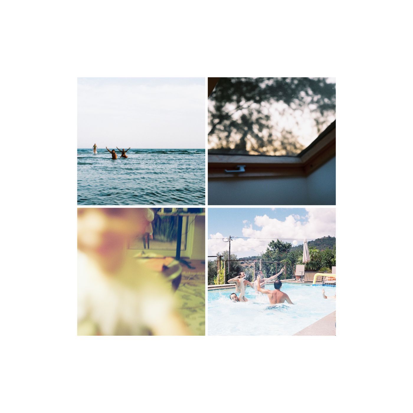 Film-style collage of summer moments -- sea, window light, pool