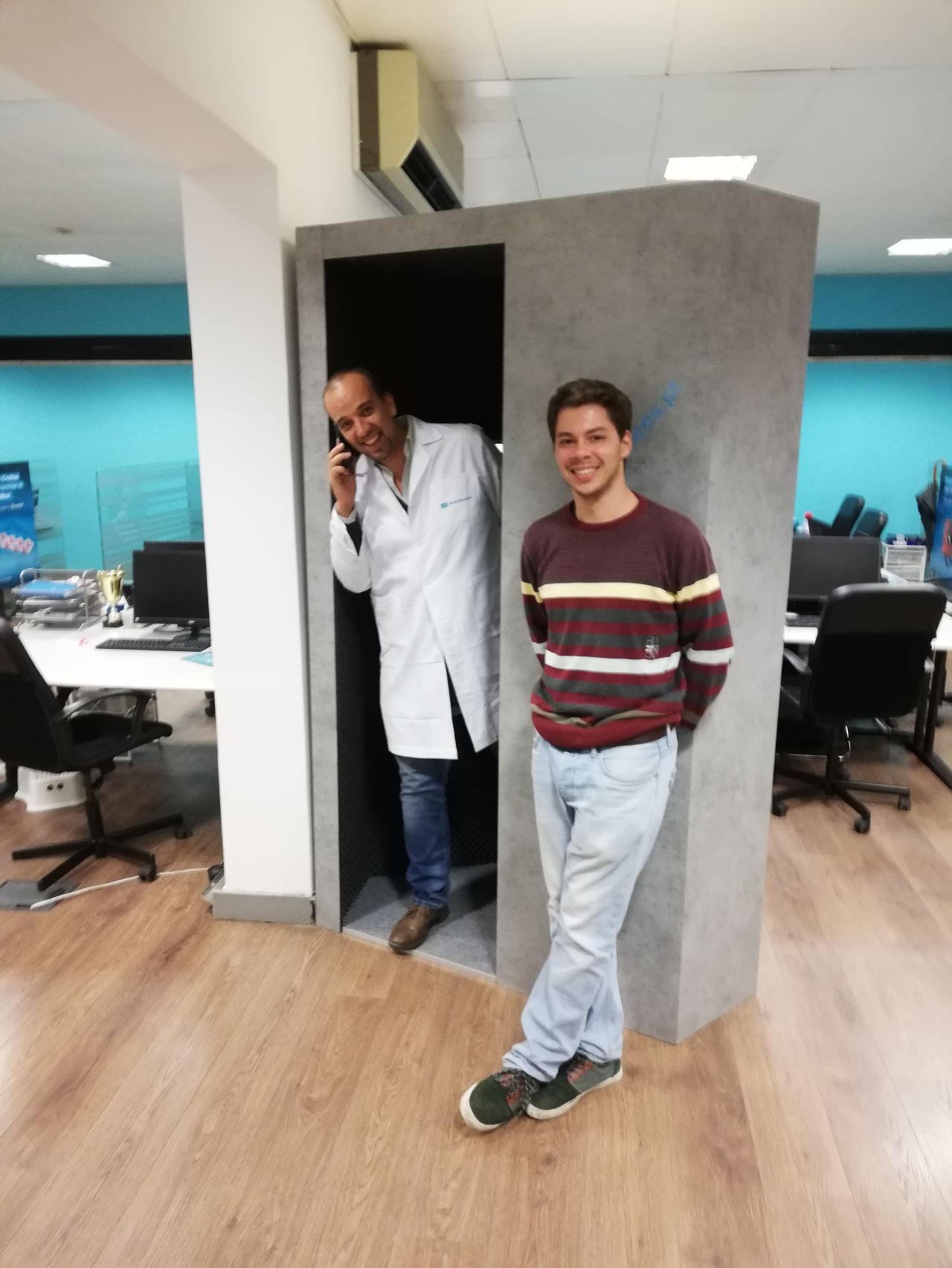 Early Offcoustic booth prototype with a client testing it